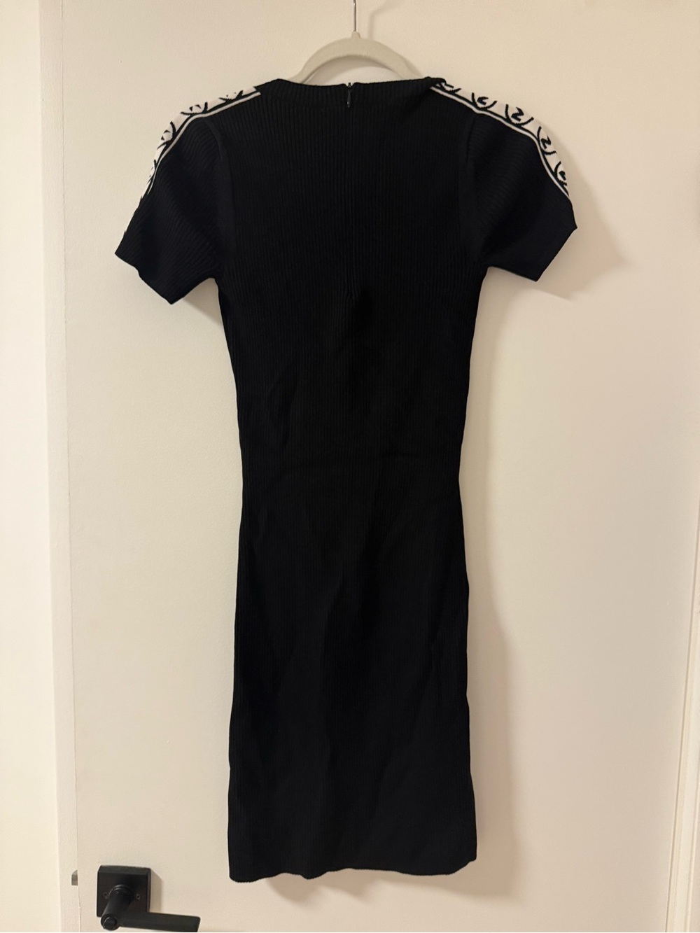 Michael Kors Black Ribbed Short-Sleeve Midi Dress with White Shoulder Trim